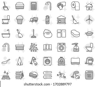 Editable thin line isolated vector icon set - toilet, washing machine, bucket, vacuum cleaner, filter vector, windmill, soap, broom, mop, scoop, sponge, towel, window cleaning, bath, liquid, shining