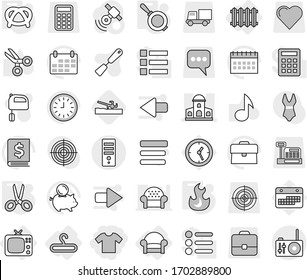 Editable thin line isolated vector icon set - t shirt, mansion, hanger, armchair, tv, radiator, pan, scissors, fire, pretzel, soil cutter, spatula vector, mixer, music, piggy bank, case, clock, menu
