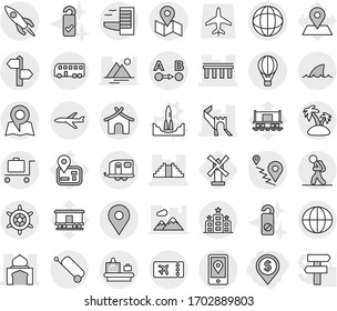 Editable thin line isolated vector icon set - dollar pin, greate wall, bridge, minaret, pyramid, signpost, geo, globe, route a to b, mobile location, map, rocket, plane, trailer, bus, air ballon