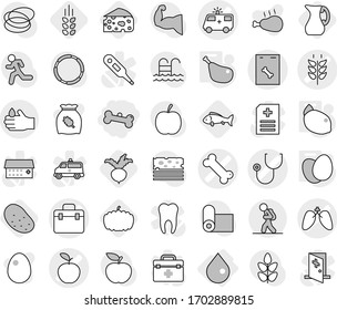 Editable thin line isolated vector icon set - bone, doctor bag vector, stethoscope, ambulance car, apple, lungs, spikelets, roentgen, acid, tourist, drop, eggs, chicken leg, lemon, beet, jug, fish