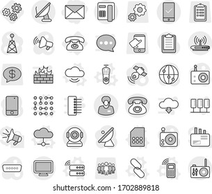 Editable thin line isolated vector icon set - mail, phone, support manager, mobile checking, vector, server, cloud, service, remote control, sim card, circuit, link, gears, clipboard, gear, team