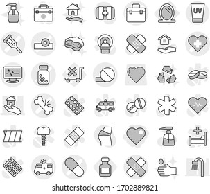 Editable thin line isolated vector icon set - heart, doctor bag vector, cross, crutch, broken bone, medical patch, pill, pills bottle, head reflector, ambulance car, monitor pulse, real estate, star