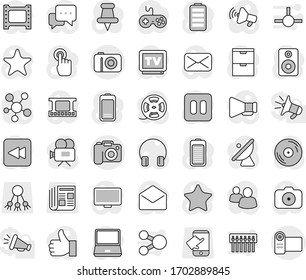 Editable thin line isolated vector icon set - camera, share, newspaper, touch, satellite antenna vector, film frame, spool, disk, loudspeaker, gamepad, tv, video, touchscreen, dialog, headphones
