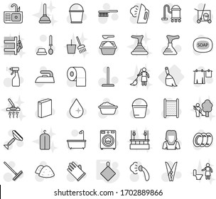 Editable thin line isolated vector icon set - broom, rag, soap vector, plunger, scraper, cleaner trolley, vacuum, fetlock, mop, rake, bucket, clothespin, water drop, iron, steaming, bath, washer