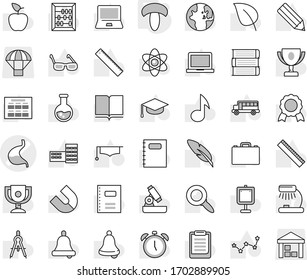 Editable thin line isolated vector icon set - stomach vector, mushroom, book, copybook, graduate hat, pen, pencil, school building, ruler, drawing compass, glasses, case, apple fruit, atom, bell