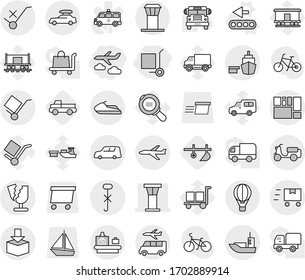 Editable thin line isolated vector icon set - cargo stoller, journey, airport tower, sea shipping, car, scooter, port, consolidated, trolley, do not sign, hook, package, broken, fast deliver, plane