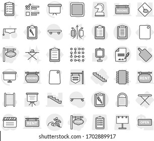 Editable thin line isolated vector icon set - store signboard, shop, under construction, stairs, clipboard, pen, inventory, surfer, iron board, cutting, magnetic field vector, chip, circuit, list