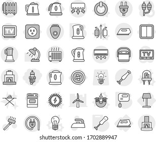 Editable thin line isolated vector icon set - spark plug, cooler fan, power socket, switch, iron, kettle, floor lamp, magnetic field vector, electric magnet, bulb, led, on off button, solar, mixer