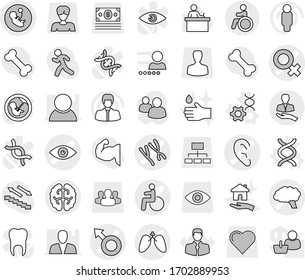 Editable thin line isolated vector icon set - disability vector, eye, male sign, female, pregnancy, chromosomes, ear, lungs, brain, client, invalid, dna, edit, hand drop, housing, student, manager
