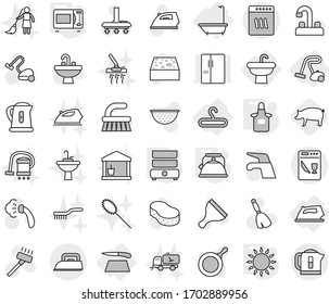 Editable thin line isolated vector icon set - sink, bath, hanger, iron, cutting board, vacuum cleaner, kettle, apron, microwave oven, gas, double boiler, pig, scraper vector, broom, water tap, brush