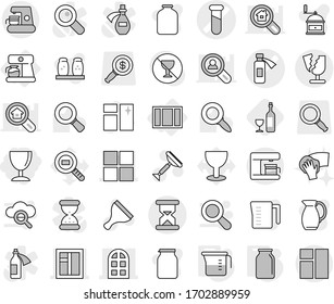 Editable thin line isolated vector icon set - wineglass, test vial vector, potion bottle, window, arch, sand clock, broken, coffee maker, measuring cup, bank, wine, scraper, cleaning, wiping, spices