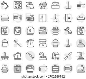Editable thin line isolated vector icon set - table, iron, washing machine, fridge, plate, microwave oven, hob, food processor, bucket, plunger vector, water tap, vacuum cleaner, fetlock, mop, car