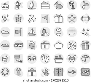 Editable thin line isolated vector icon set - gift, bow, hi quality package, plane, bus, passenger, lounger, palm, hawaiian wreath, disco ball, aquapark, starfish, hotel, reception, golf, jet ski