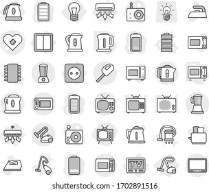 Conjunto de iconos vectoriales aislados de línea delgada editable - tv, vector de marcapasos, bombilla, aire acondicionado, toma de corriente, interruptor, hervidor, aspiradora, chip, batería, horno microondas, plancha, tostadora, radio, mezcladora