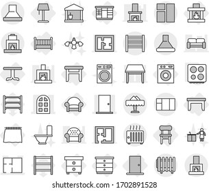 Editable thin line isolated vector icon set - door, arch window, plan, rack, restaurant, curtain, table, nightstand, chest of drawers, wardrobe, stool, chair, armchair, crib, washing machine, hob