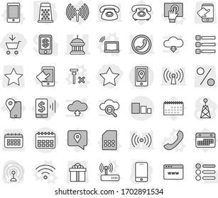 Editable thin line isolated vector icon set - add to cart, mobile pay, star, calendar vector, goverment house, location, sorting, wireless, laptop wifi, phone, touchscreen, sim card, router, grater