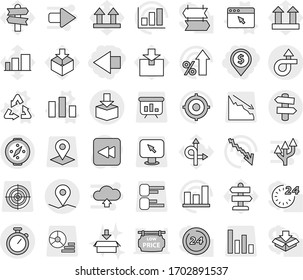 Editable thin line isolated vector icon set - dollar pin, left arrow, trip, geo, package, stopwatch, signpost, compass, recycle vector, chart, browser window, graph, crisis, percent growth, target
