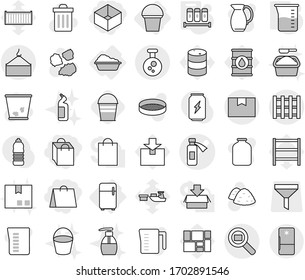 Editable thin line isolated vector icon set - shopping bag, box, potion bottle vector, loading crane, package, chemical, cargo search, pallet, washing, fridge, bucket, measuring cup, spices, powder