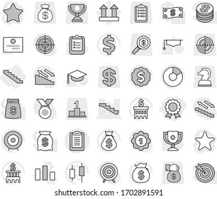 Editable thin line isolated vector icon set - medal, stairs, clipboard, chart vector, graduate hat, award cup, certificate, pie graph, japanese candle, money bag, bank building, target, dollar, sign