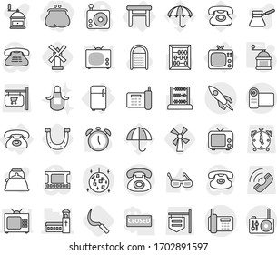 Editable thin line isolated vector icon set - purse, church, phone, rocket, disco ball, stool, tv, fridge, hand mill, sickle, windmill, horseshoe, washboard vector, apron, kettle, turk coffee, call