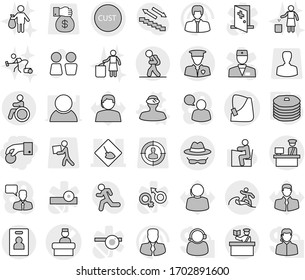 Editable thin line isolated vector icon set - hand coin, broken vector, hospital recieption, under construction, customs, control, security man, confidential, tourist, inspector, surfer, invalid