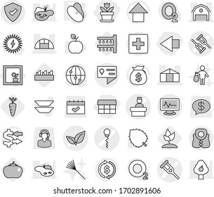 Editable thin line isolated vector icon set - market, left arrow, flower, crutch vector, monitor pulse, sperm, leafs, hospital recieption, barn, greenhouse, location details, protected, first aid