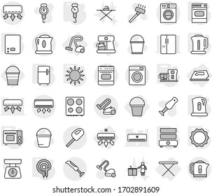 Editable thin line isolated vector icon set - iron, board, air conditioning, bucket, coffee maker, vacuum cleaner, kettle, kitchen scales, handle, grill oven, gas, elecric, induction, double boiler