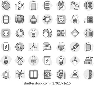 Editable thin line isolated vector icon set - spark plug, panel house, sun, electricity, power socket, switch, atom core vector, magnet, bulb, on off button, factory, press, solar, pancakes, battery