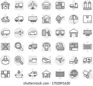 Editable thin line isolated vector icon set - warehouse, plane, delivery, shipping, car, consolidated cargo, dry, top sign, courier, package, search, railroad, airplane, cruise ship, vector, port