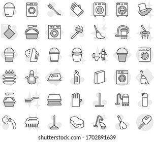 Conjunto de iconos vectoriales aislados de línea delgada editable - hierro, lavadora, escoba, cubo, placa, trapo, vectorial, aspiradora, mopa, esponja, fregadero de camión, vapor, lavadora, polvo, agente de limpieza, cepillo