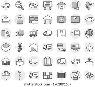 Editable thin line isolated vector icon set - box, delivery, cargo stoller, warehouse, truck shipping, car, package, dry, sun potection, top sign, do not hook, courier, fast deliver, vector, wood