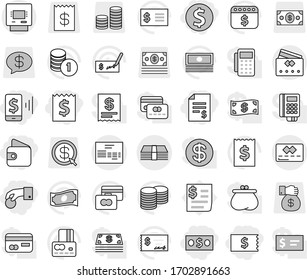 Editable thin line isolated vector icon set - hand coin, dollar, money, receipt, account balance, mobile pay, wallet, credit card, invoice, atm, vector, cash, stack, check, calendar, gift, arrow