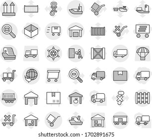 Editable thin line isolated vector icon set - box, delivery, sea shipping, truck, package, trolley, cargo top sign, courier, warehouse, search, railroad, pallet, fast deliver, handwheel, cruise ship