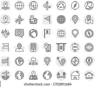 Editable thin line isolated vector icon set - dollar pin, home, geo, route a to b, mobile location, map, plane shipping, globe, signpost, compass, hierarchy, vector, world, flag, navigator, earth