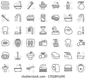 Editable thin line isolated vector icon set - wc, water tap, sink, bath, towel, soap vector, fetlock, mop, sponge, car, toilet brush, liquid, paper, shower, tooth, with foam, cleanser powder