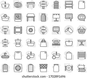 Editable thin line isolated vector icon set - remove from basket, singlepost, rack, label, photo, signpost, ring button, table, hanger, cutting board, battery vector, plates, fork spoon plate, bank