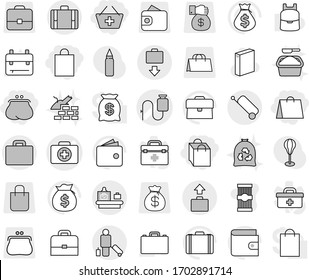 Editable thin line isolated vector icon set - purse, add to basket, shopping bag, doctor case vector, dropper, passenger, suitcase, baggage checking, get, washing powder, garbage, construct, pasta
