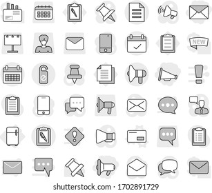 Editable thin line isolated vector icon set - megafon, loudspeaker, mail, calendar, terms, clipboard pen, document, do not distrub, fridge, envelope vector, paper pin, billboard, woman, message, new