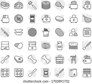 Editable thin line isolated vector icon set - chicken leg, bone vector, Chair for babies, toaster, spatula, big fork, knife, meat hammer, hob, plates, sieve, cereals, pasta, steake, pancakes, flour