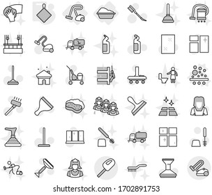 Editable thin line isolated vector icon set - washing, vacuum cleaner, filter vector, rag, scraper, trolley, mop, car fetlock, window cleaning, toilet brush, agent, shining, woman, sweeper, wiping