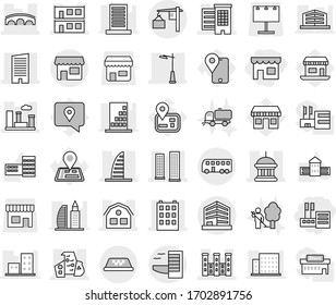 Editable thin line isolated vector icon set - shop, store, houses, goverment house, building, skyscrapers, skyscraper, modern architecture, modular, city, bridge, palace, outdoor light, office, bus