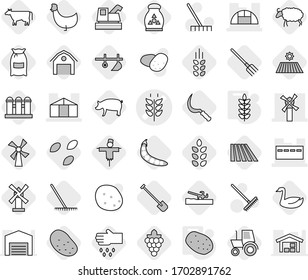 Editable thin line isolated vector icon set - spikelets vector, bunker, windmill, greenhouse, potato, plow, soil cutter, cow, seeds, field, shovel, fork, rake, sickle, flour, pig, grape, goose, barn