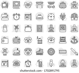 Editable thin line isolated vector icon set - bow, purse, tv, windmill, phone, anchor, photo, service bell, dresser, stool, fireplace, plug vector, mobile, cooking book, wheel, car wash, hand mill