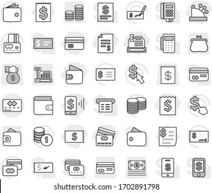 Editable thin line isolated vector icon set - credit card, receipt, account balance, mobile pay, wallet, cashbox, vector, coin stack, check, dollar cursor, purse, money, gift, reader, tap