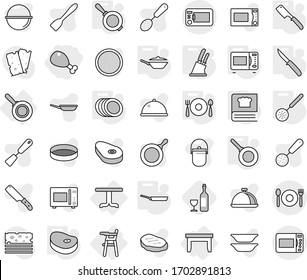 Editable thin line isolated vector icon set - chicken leg, cafe, table, Chair for babies, pan, skimmer, knife holder, chef, microwave oven, cooking book, plates, fork spoon plate, steake, wine, dish