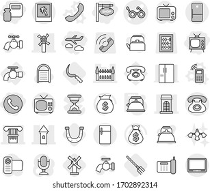 Editable thin line isolated vector icon set - scales weight, shop signboard, journey, phone, tv, pacemaker vector, column, tower, building, windmill, gothic architecture, photo, water tap, mobile