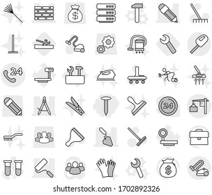 Editable thin line isolated vector icon set - nail, draw compass, pencil, brick wall, repair, construction, phone 24, loading, tools, hammer vector, wrench, soil cutter, scraper, vacuum cleaner