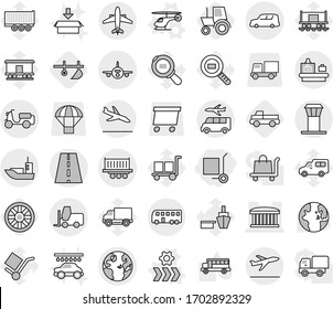 Editable thin line isolated vector icon set - cargo stoller, airport building, road, globe, plane, sea shipping, truck, car, scooter, fork loader, bus, tower, baggage checking, airplane, departure