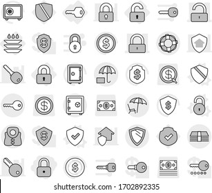 Editable thin line isolated vector icon set - lock, unlock, money, insurance, lounger, key, safe, shield, life vest, lifebuoy, locked, unlocked, plate washing, vector, dollar coin, protected, arrow