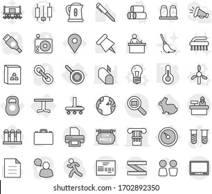 Editable thin line isolated vector icon set - column, invoice, cargo search, reception, barometer, table, pan, bulb vector, pipes, windmill, thermometer, rabbit, grain elevator, vacuum cleaner, case
